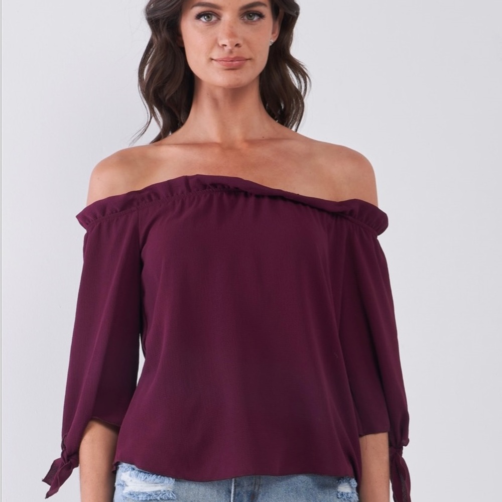Wine Off-The-Shoulder Midi Sleeve With Self-Tie Detail